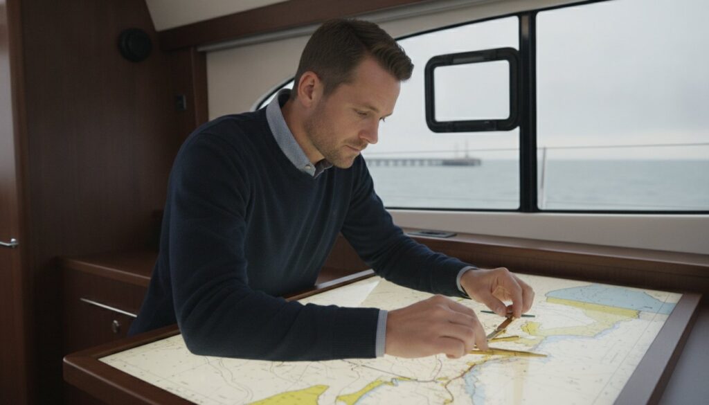 Man in a navy sweater studying a nautical chart on a lit table beside a window in a boat cabin