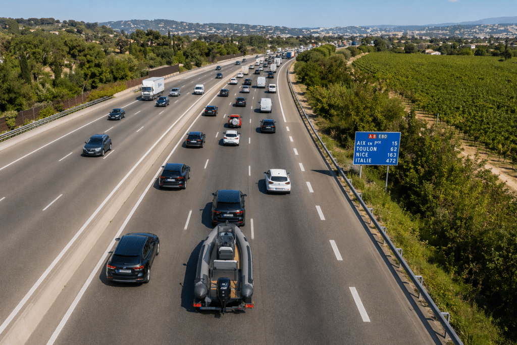 Aerial view of a busy multi-lane highway with cars and trucks, and a blue road sign on the right showing destinations like Aix en Provence and Nice.
