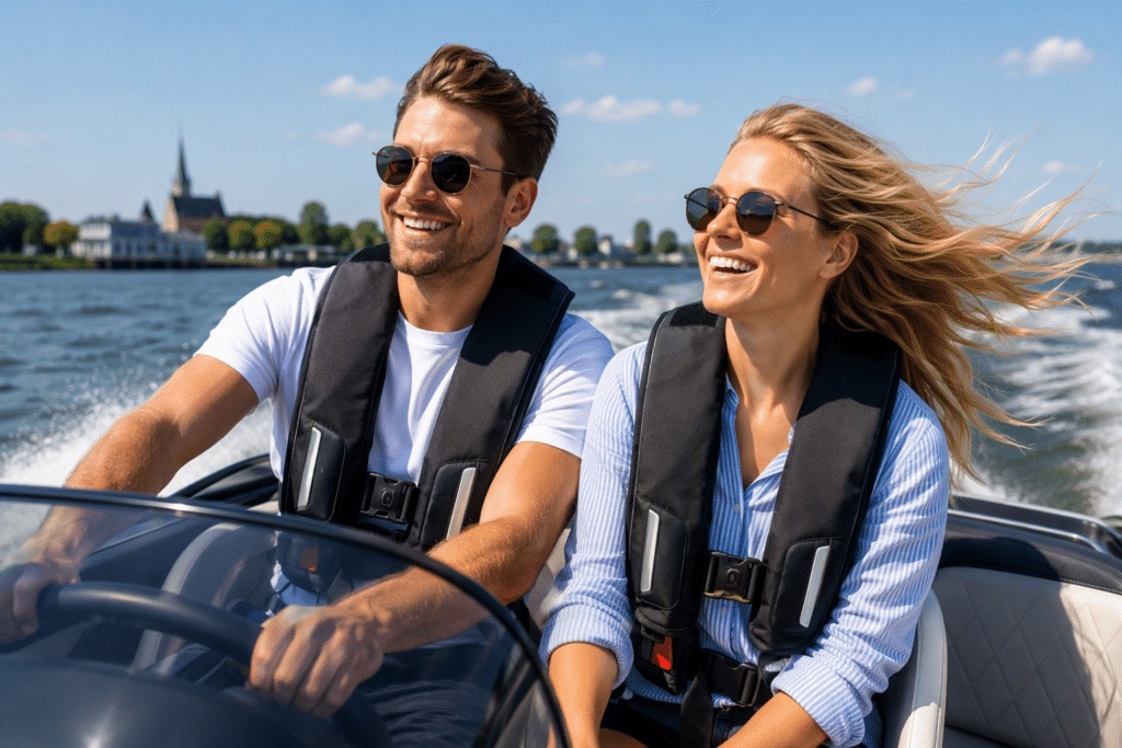 Smiling man and woman wearing life jackets steer a speedboat on a sunny day with water and a shoreline in the background.